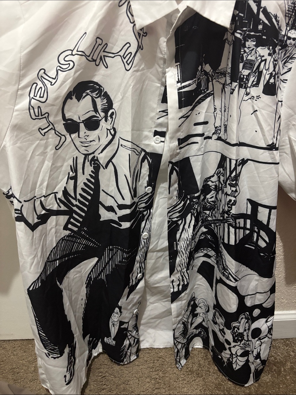 SHEIN White and Black Graphic Button-Up Blouse